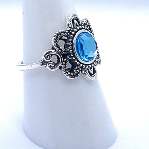 Aquamarine Blue Zircon Filagree Silver Ring Boho Stackable Blue Jeweled Jewelry - Picture 3 of 4